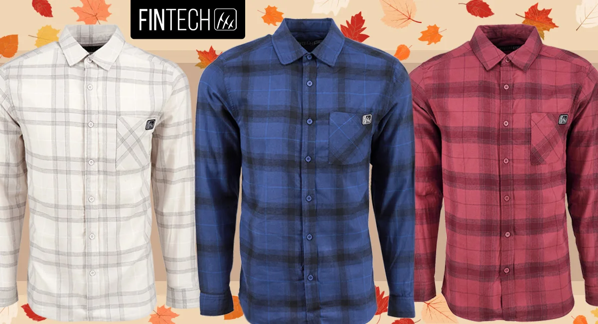 Men's Fintech long sleeve flannel shirts in four different colors.