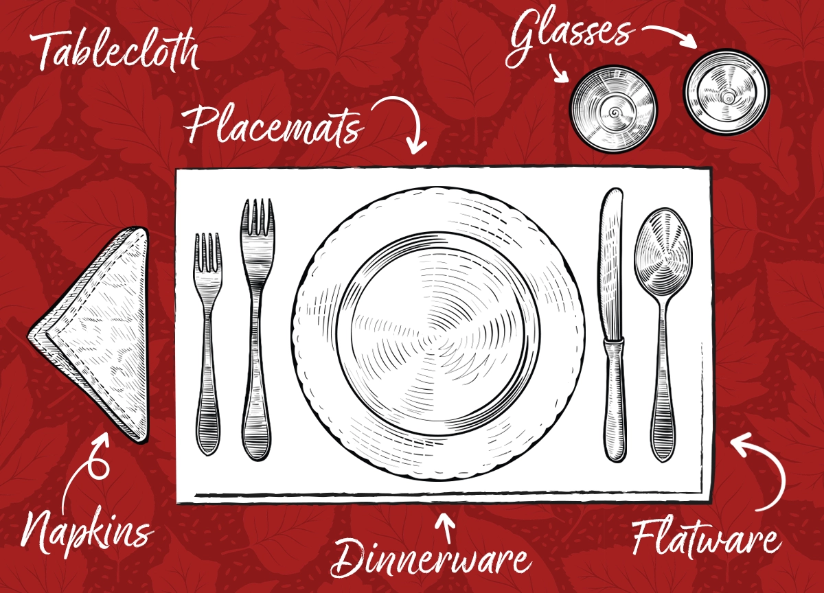 An illustration of a table setting on a red tablecloth.