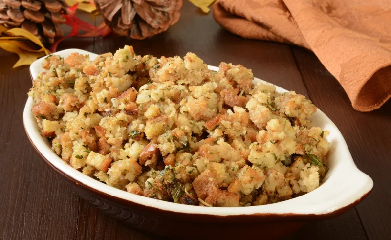 Stuffing in a dish from a Thanksgiving turkey.