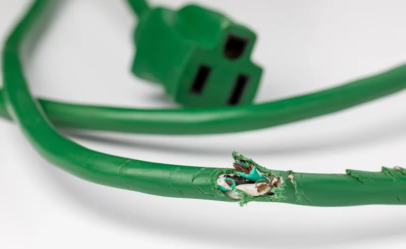 A green extension cord showing damage and exposed wires.