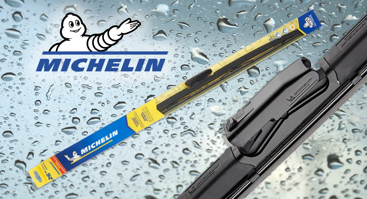 Michelin wiper blades and Michelin logo on a rainy background.