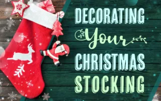 Home decorated Christmas stocking hanging in front of wooden backdrop.