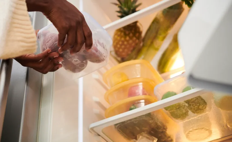 A person puts leftovers into a refrigerator.