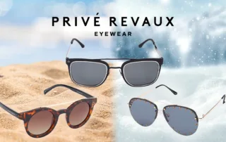 Three pairs of Prive Revaux brand sunglasses on a background that shows beach on the left and snow on the right.