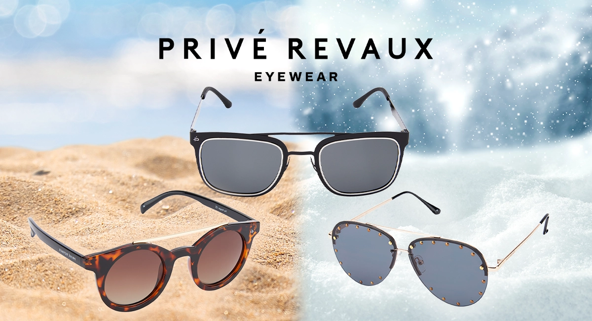 Three pairs of Prive Revaux brand sunglasses on a background that shows beach on the left and snow on the right.