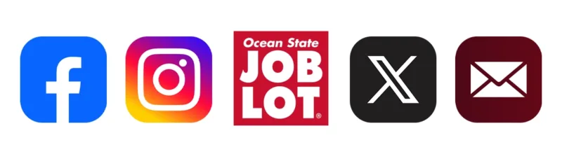 Ocean State Job Lot logo, along with various social media icons.