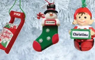 Three ornaments hanging in front of a snowy background with tree branches.