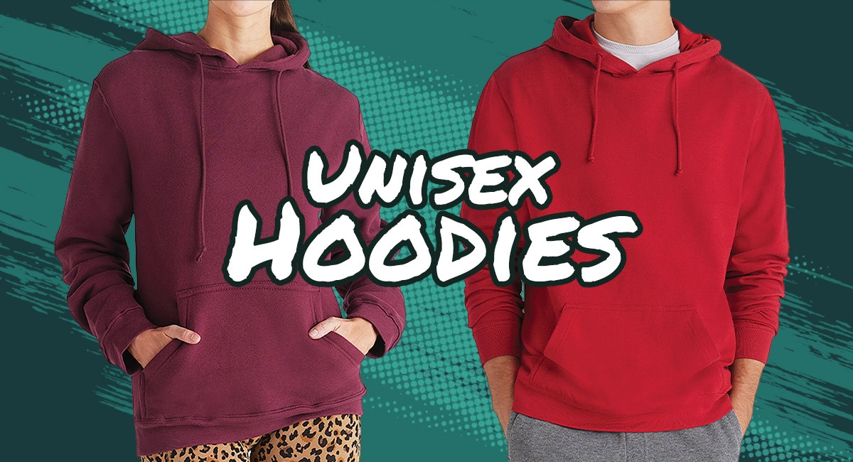 Text reads "Unisex Hoodies" over two models wearing hoodies.