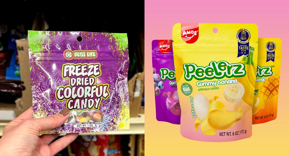 Freeze dried colorful candy and Peelerz gummies.