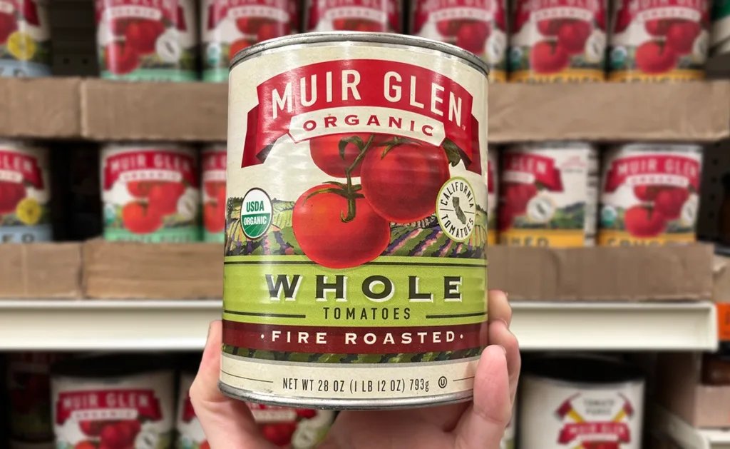 A can of Muir Glen organic whole tomatoes.