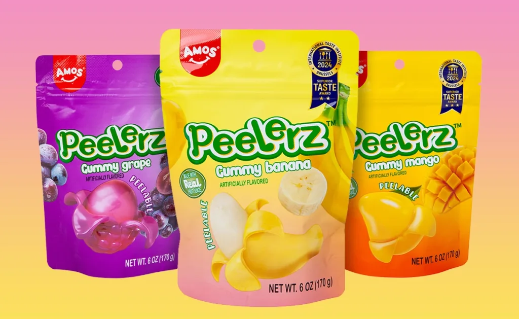 Bags of grape, banana, and mango-flavored Peelerz candy.