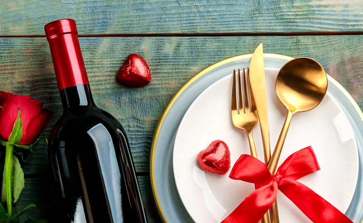 Beautiful table setting on wooden background, Valentine's Day dinner