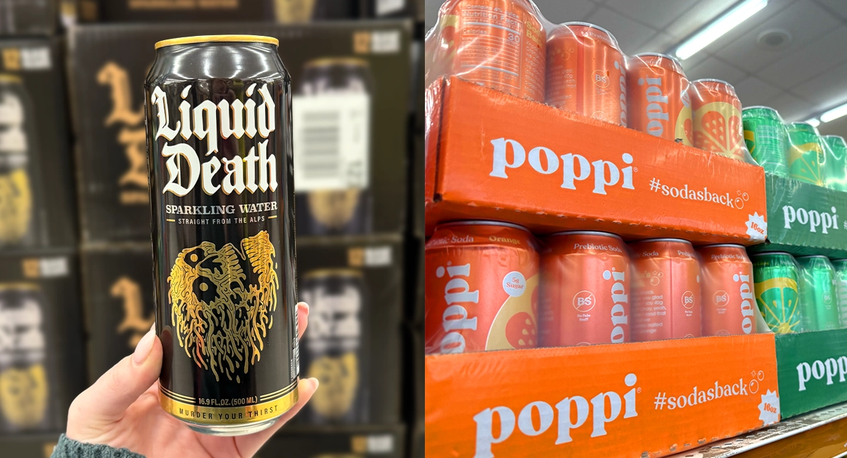 Liquid Death Mountain Soda and poppi