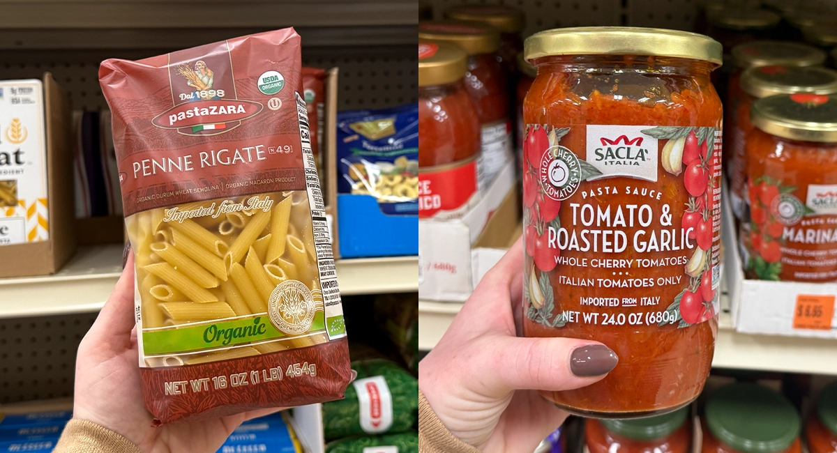 Pasta Zara pasta and Sacla tomato & roasted garlic pasta sauce