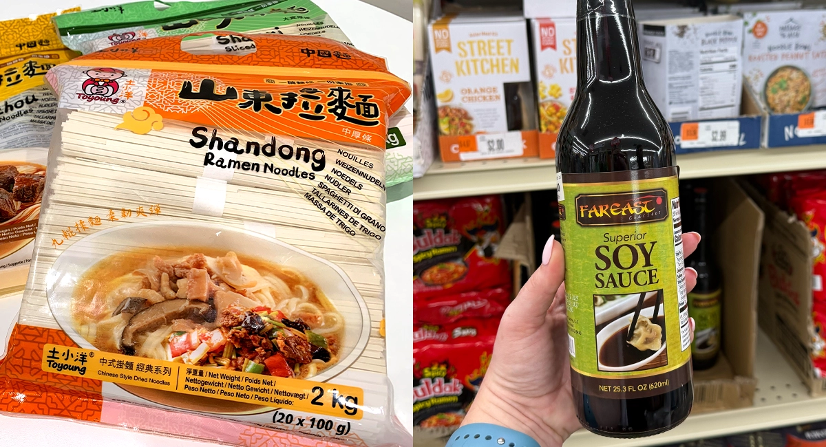 Toyoung noodles and Far East soy sauce.