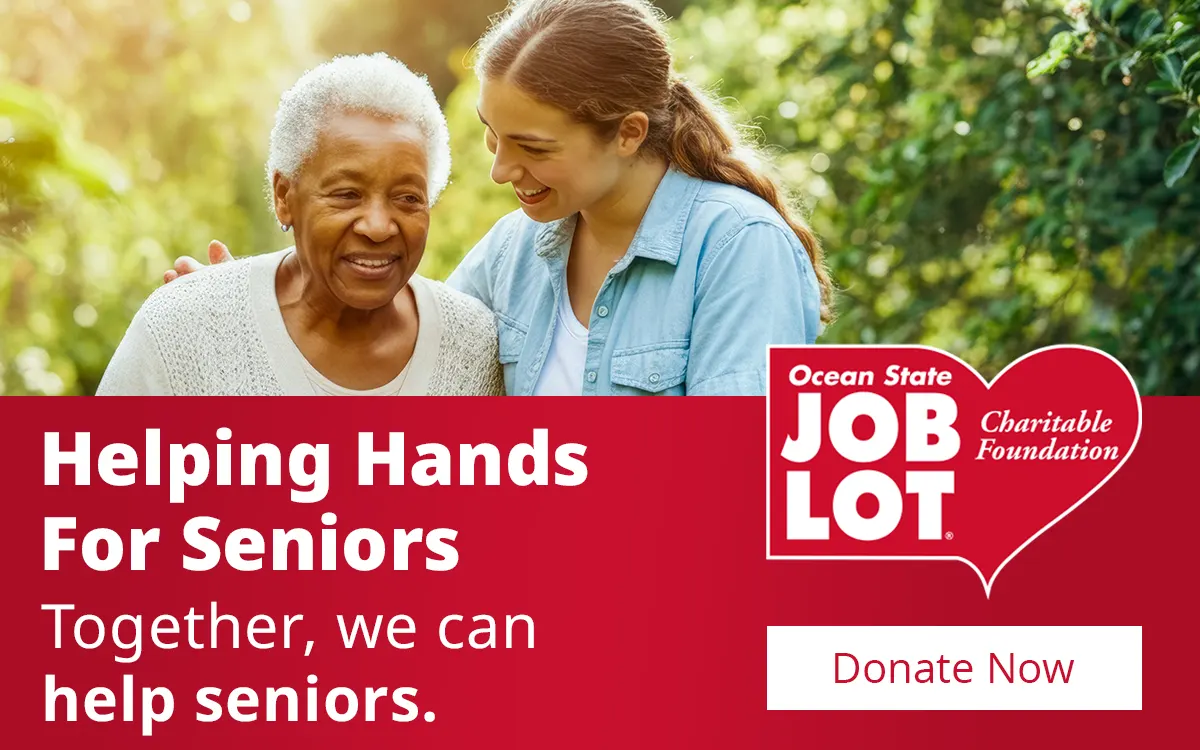 Ocean State Job Lot Helping Hands For Seniors image with Older woman being helped on a walk by a younger woman and a donate now button