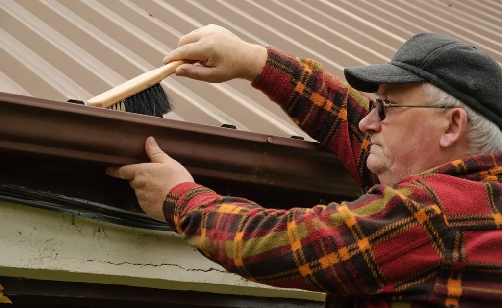 A person cleaning out gutters with a brush and no gloves.