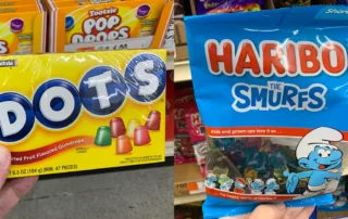 Dots movie theater candy box and Haribo The Smurfs gummies