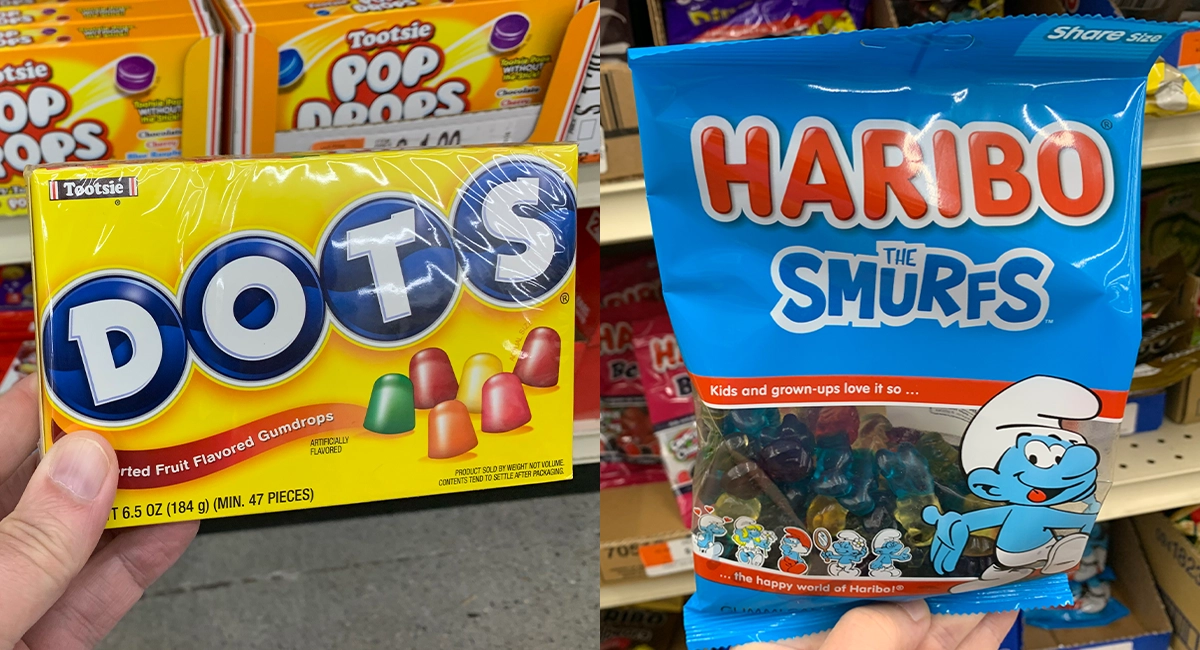 Dots movie theater candy box and Haribo The Smurfs gummies