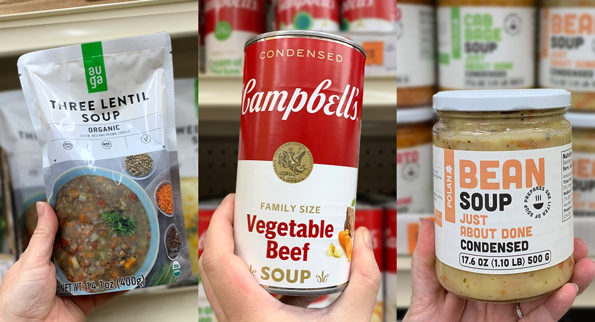 Auga, Campbells, and Polan soup sold at Ocean State Job Lot