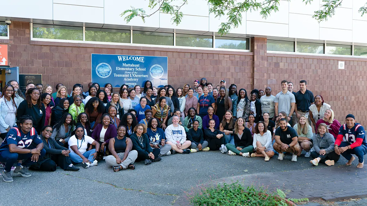 Patriots Foundation_OSJL_Mattahunt Donation Students Ocean State Job Lot and the Patriots Foundation donate essential school supplies to Mattahunt Elementary School.