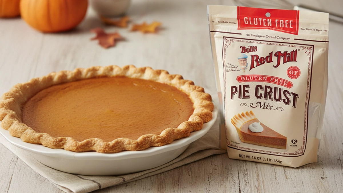 BoB’s Red Mill Pie Crust Bob's Red Mill Pie Crust Mix next to a pumpkin pie