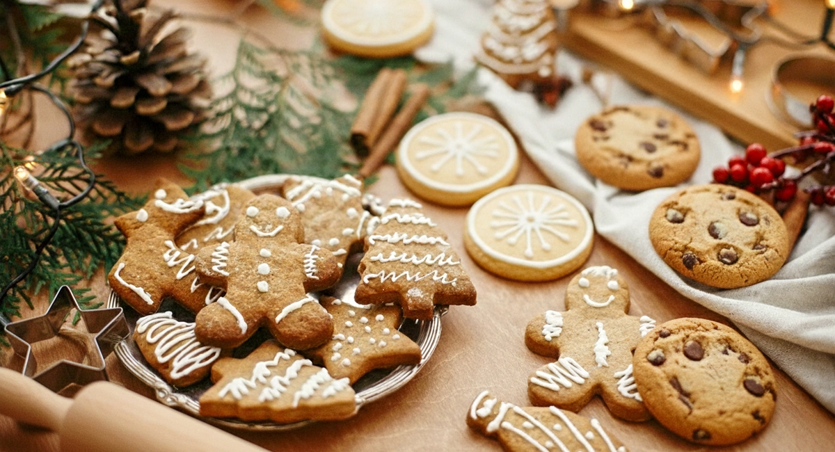A beautiful plate of Christmas cookies on a festively decorated table with pinecones and leaves, lights, and cinnamon.