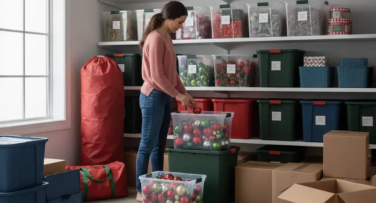 Woman putting away Christmas decor.