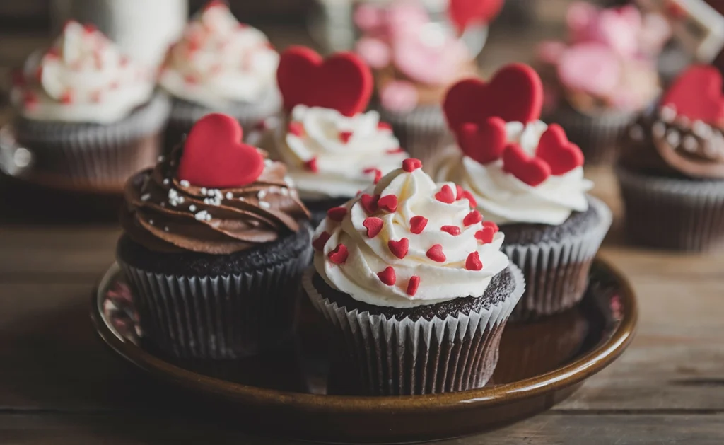 A plate of chocolate cupcakes decorated with red hearts for Valentine's Day.