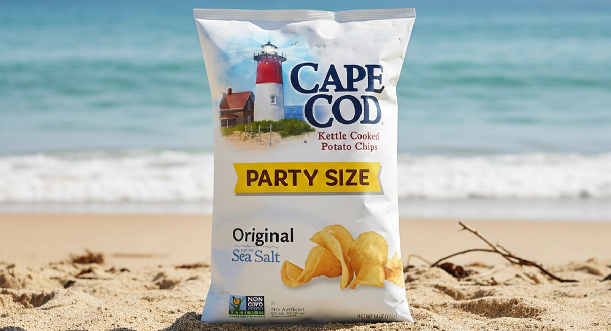 A 14 oz bag of Cape Cod brand potato chips on the beach.