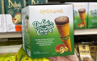 A box of Dubai-style cornets and many other Dubai-Style chocolate products at Ocean State Job Lot