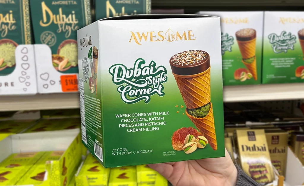 A box of Dubai-style cornets and many other Dubai-Style chocolate products at Ocean State Job Lot
