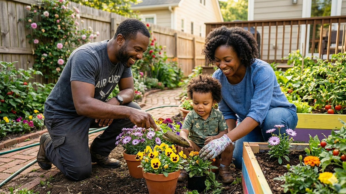 Mother, Father and Toddler in patio garden. Father is wearing an Air Force T-shirt