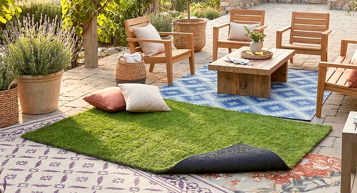 A selection of outdoor rugs sold at Ocean State Job Lot on display on a patio.