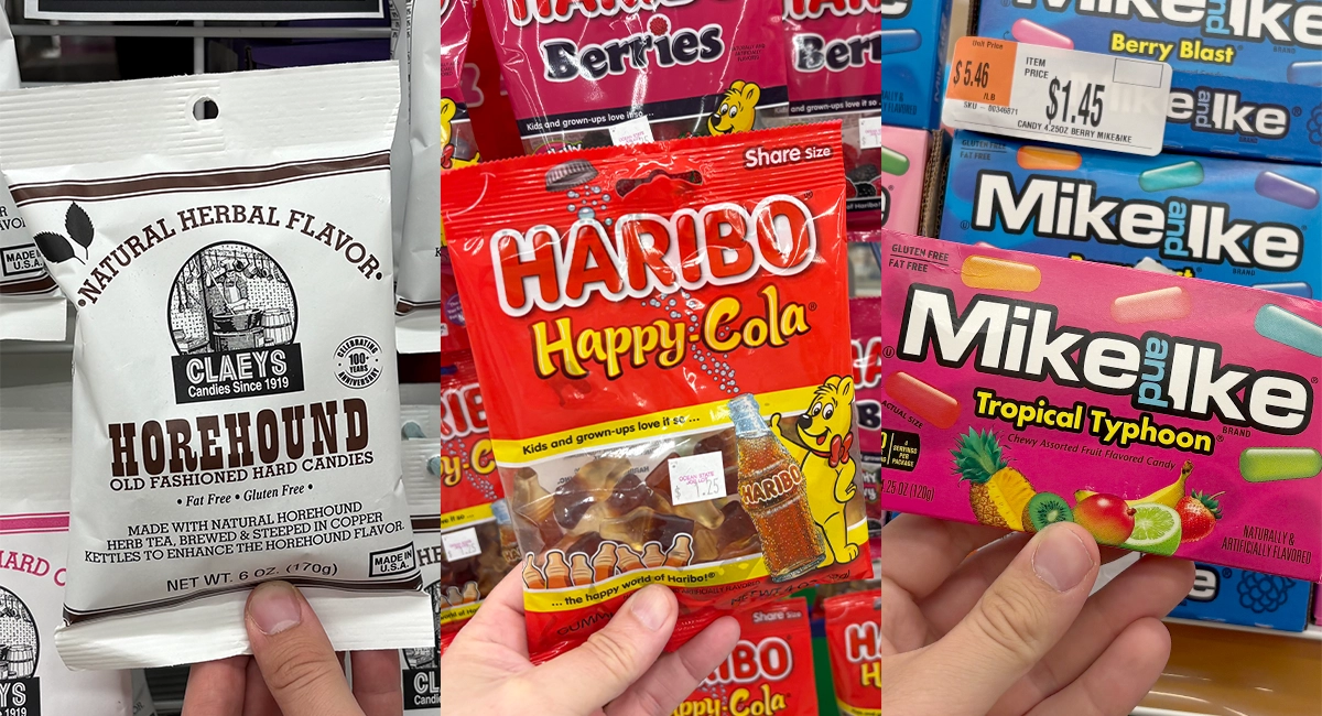 Claeys Old Fashioned Hard Candies, Haribo Gummies, and Mike and Ike’s candies at Ocean State Job Lot stores.