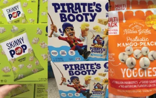 SkinnyPop popcorn, Pirate’s Booty, and Nature’s Garden’s Probiotic Yoggies back-to-school snacks at Ocean State Job Lot stores.