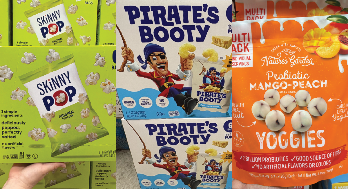 SkinnyPop popcorn, Pirate’s Booty, and Nature’s Garden’s Probiotic Yoggies back-to-school snacks at Ocean State Job Lot stores.