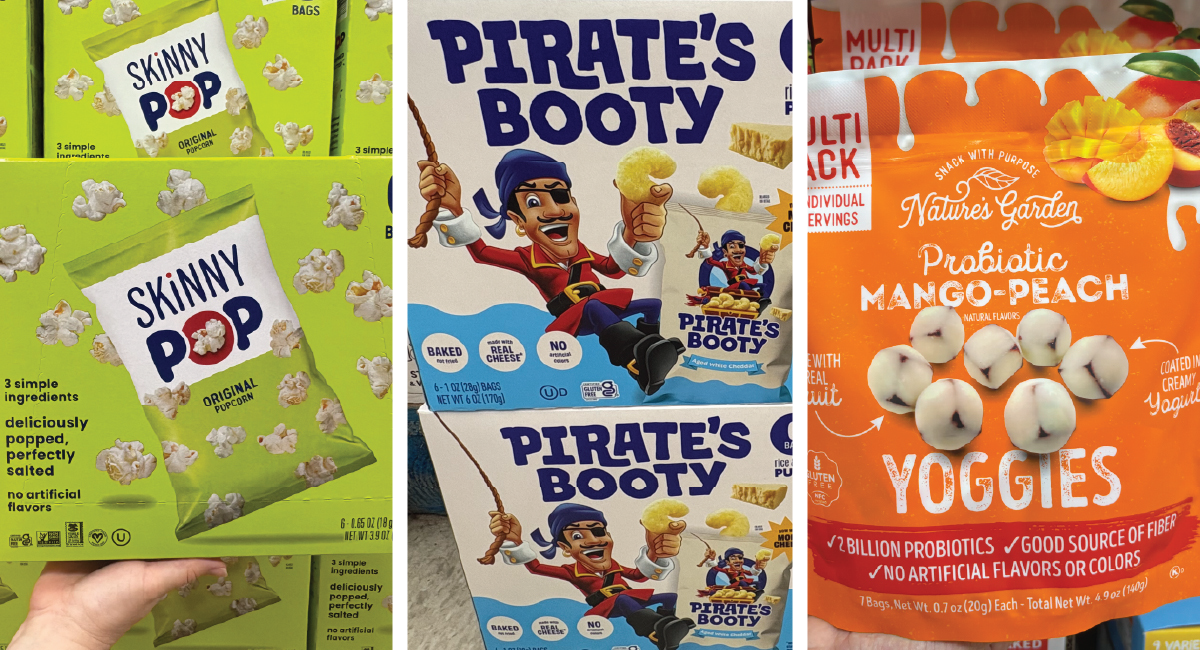SkinnyPop popcorn, Pirate’s Booty, and Nature’s Garden’s Probiotic Yoggies back-to-school snacks at Ocean State Job Lot stores.